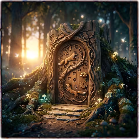 The wonderful home of the Fox Family where the strong come for rest, the small come for shelter and friends are warmly welcomed. The image is of a magical entrance at the edge of the woods.